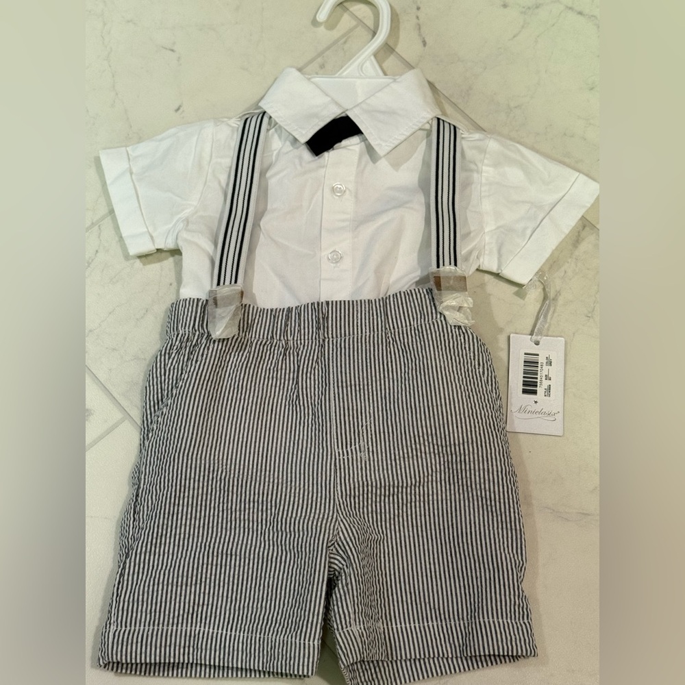 White Shirt with Striped Suspenders and Shorts Set